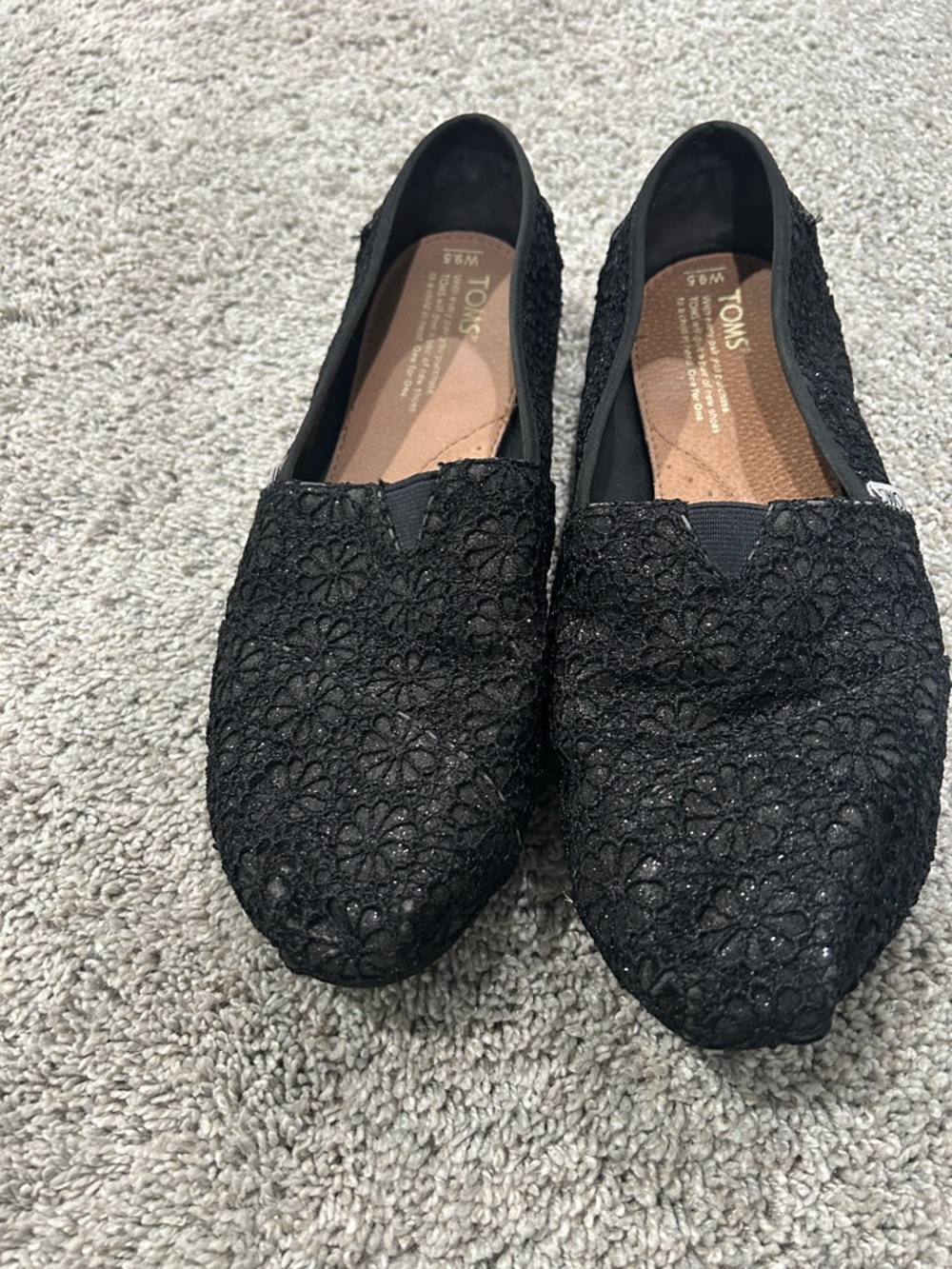 Toms Black Floral Crochet Slip-On Flats